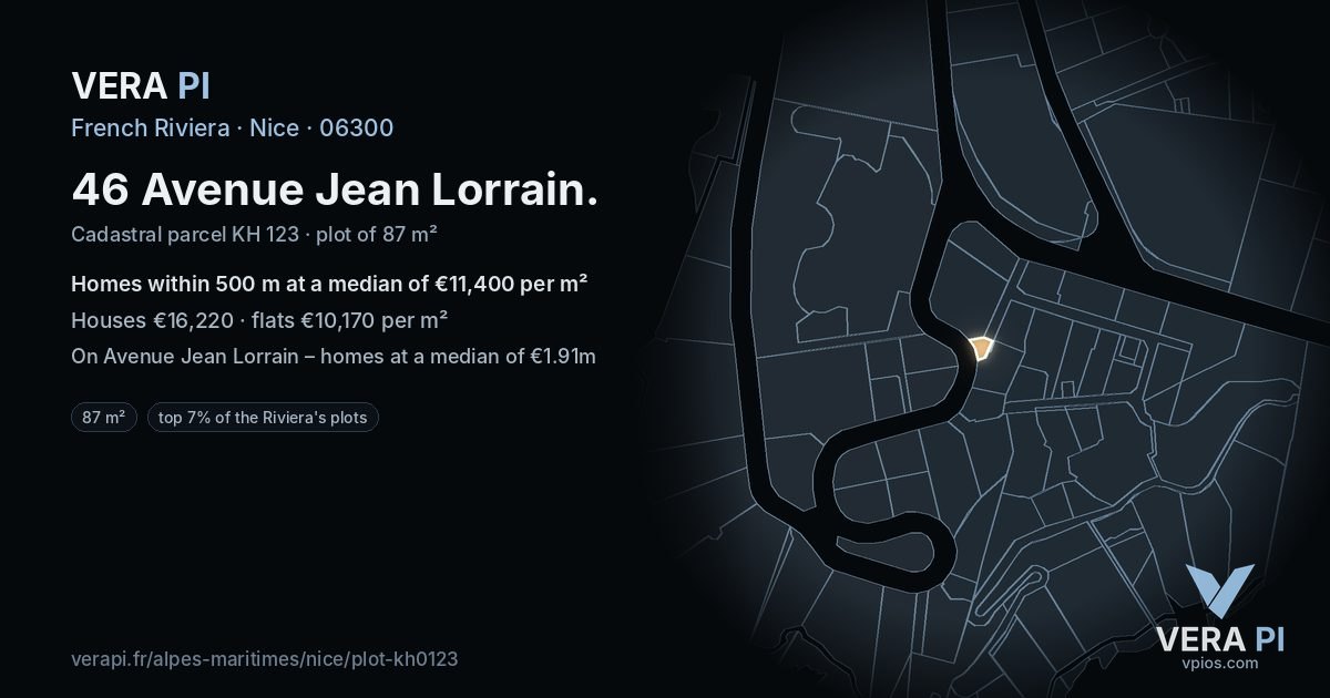 46 Avenue Jean Lorrain, Nice at night – the plot lit, the parcels around coloured by the prices near them