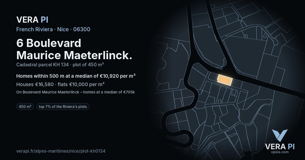 6 Boulevard Maurice Maeterlinck, Nice at night – the plot lit, the parcels around coloured by the prices near them