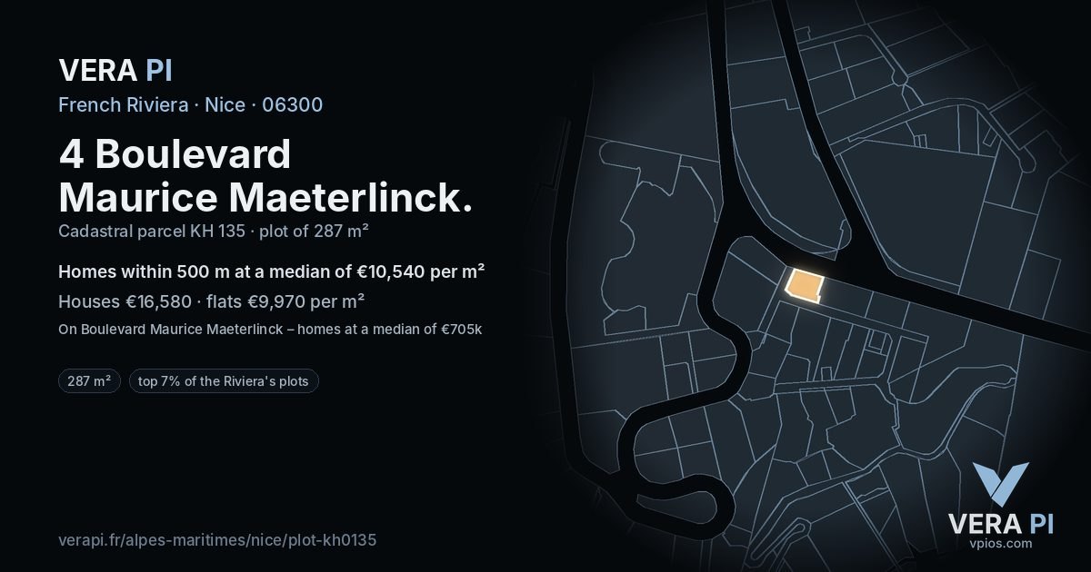4 Boulevard Maurice Maeterlinck, Nice at night – the plot lit, the parcels around coloured by the prices near them