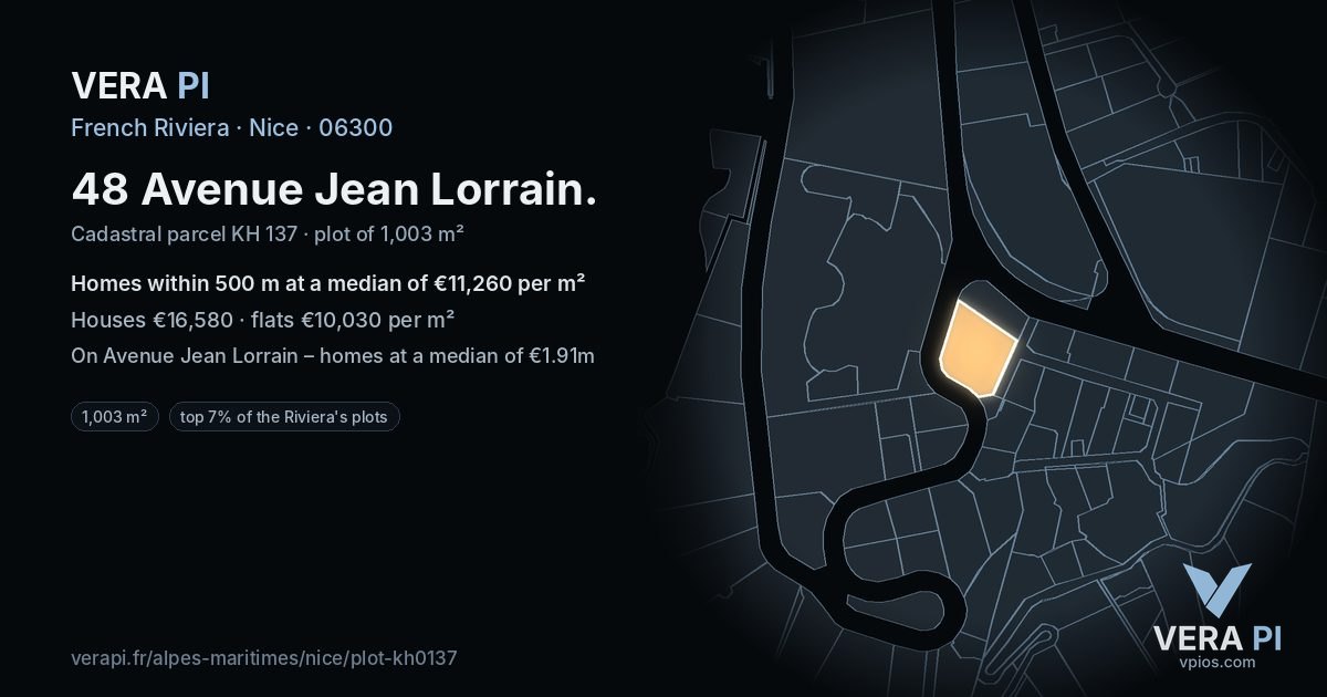 48 Avenue Jean Lorrain, Nice at night – the plot lit, the parcels around coloured by the prices near them