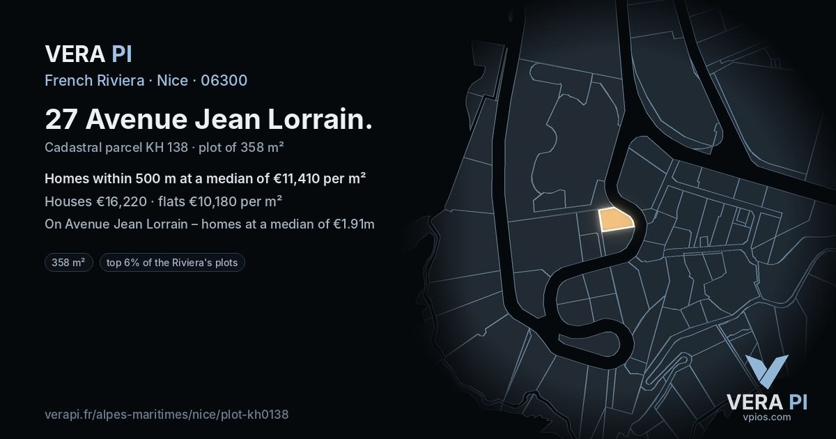 27 Avenue Jean Lorrain, Nice at night – the plot lit, the parcels around coloured by the prices near them