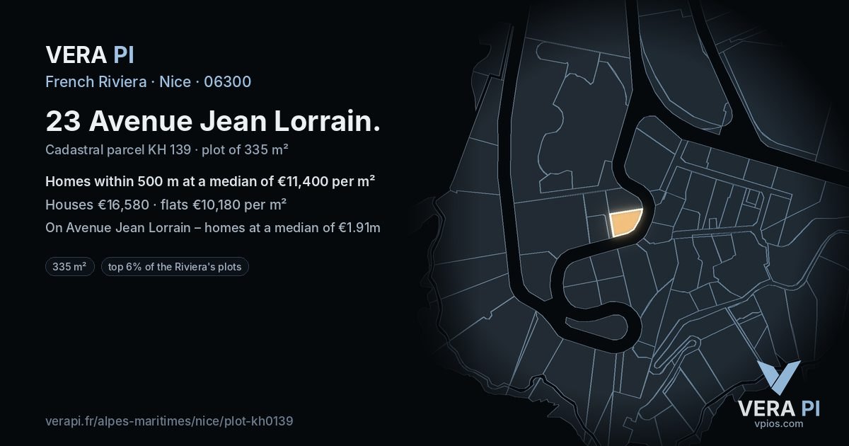 23 Avenue Jean Lorrain, Nice at night – the plot lit, the parcels around coloured by the prices near them