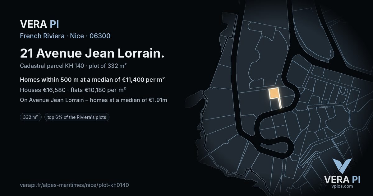 21 Avenue Jean Lorrain, Nice at night – the plot lit, the parcels around coloured by the prices near them