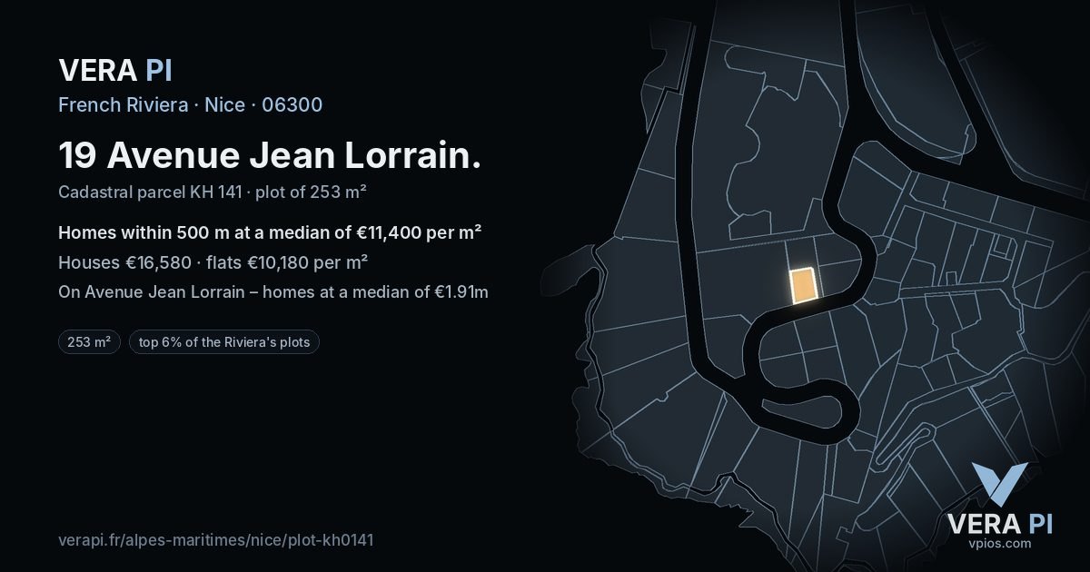 19 Avenue Jean Lorrain, Nice at night – the plot lit, the parcels around coloured by the prices near them