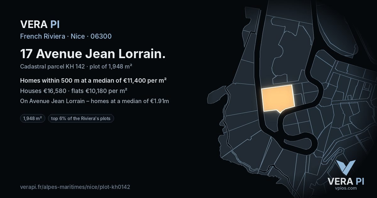 17 Avenue Jean Lorrain, Nice at night – the plot lit, the parcels around coloured by the prices near them