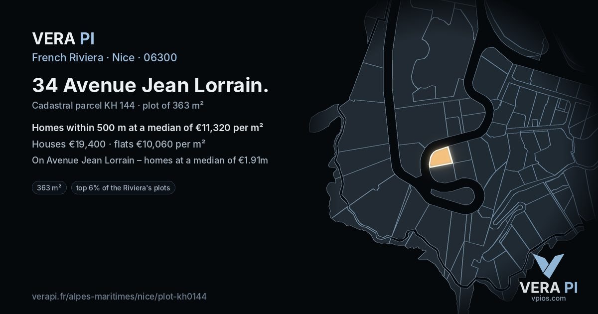 34 Avenue Jean Lorrain, Nice at night – the plot lit, the parcels around coloured by the prices near them