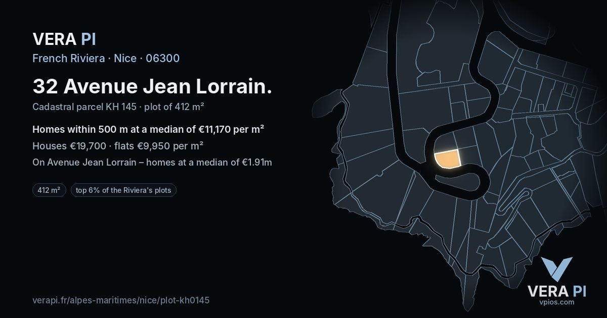 32 Avenue Jean Lorrain, Nice at night – the plot lit, the parcels around coloured by the prices near them