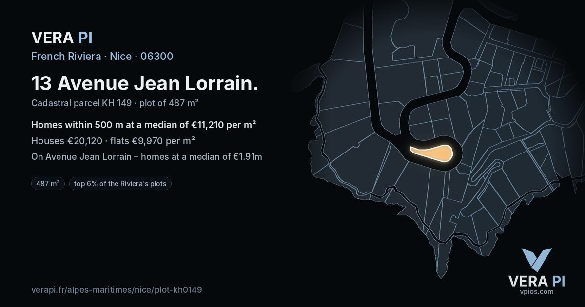 13 Avenue Jean Lorrain, Nice at night – the plot lit, the parcels around coloured by the prices near them