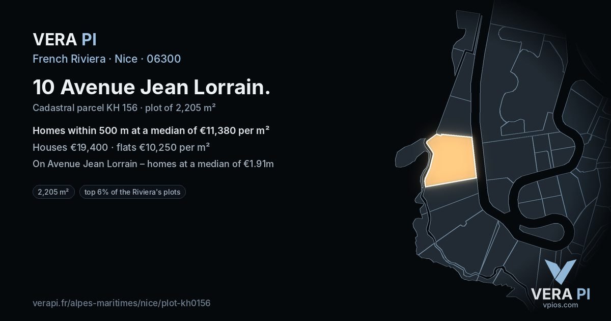 10 Avenue Jean Lorrain, Nice at night – the plot lit, the parcels around coloured by the prices near them