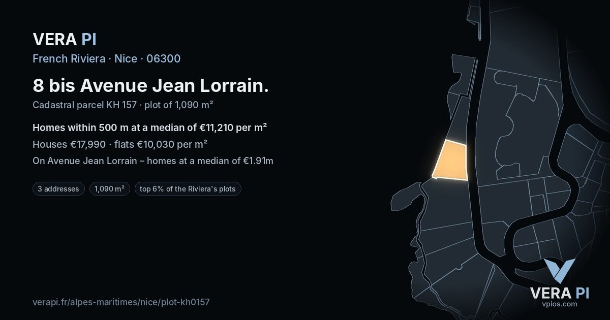 8 bis Avenue Jean Lorrain, Nice at night – the plot lit, the parcels around coloured by the prices near them