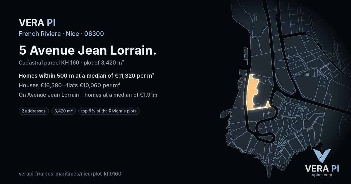 5 Avenue Jean Lorrain, Nice at night – the plot lit, the parcels around coloured by the prices near them