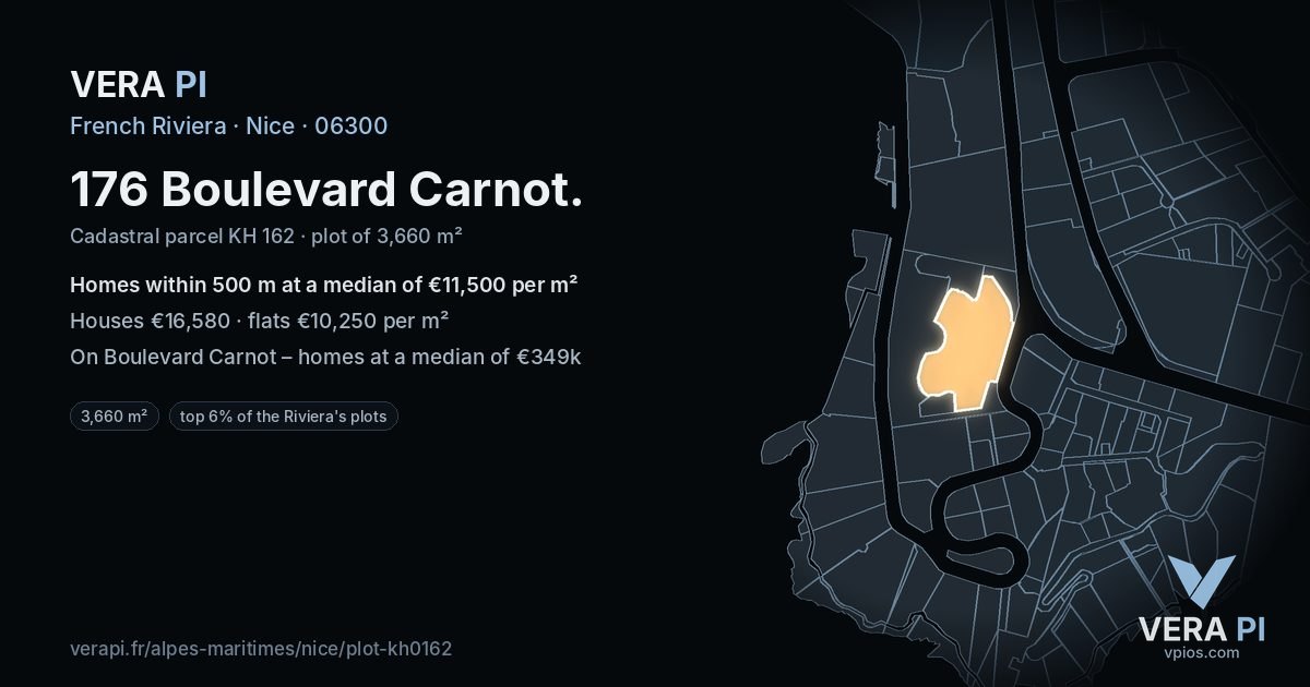 176 Boulevard Carnot, Nice at night – the plot lit, the parcels around coloured by the prices near them