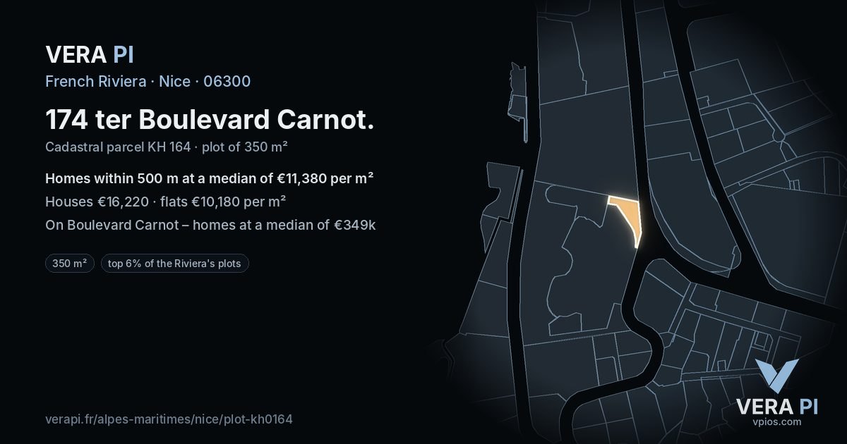 174 ter Boulevard Carnot, Nice at night – the plot lit, the parcels around coloured by the prices near them