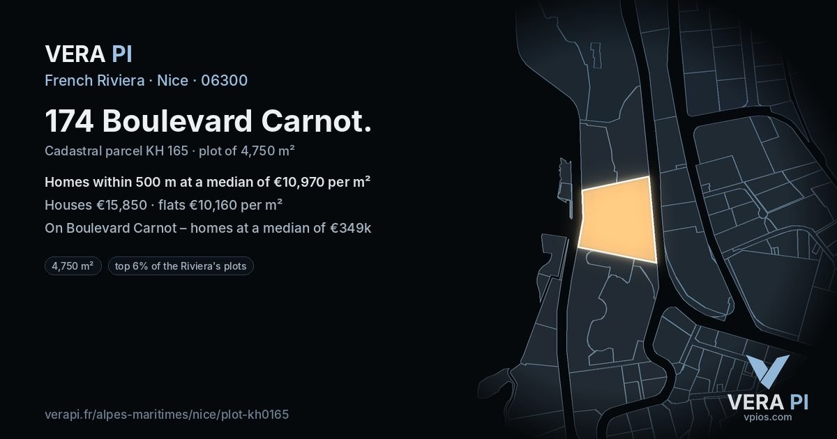 174 Boulevard Carnot, Nice at night – the plot lit, the parcels around coloured by the prices near them