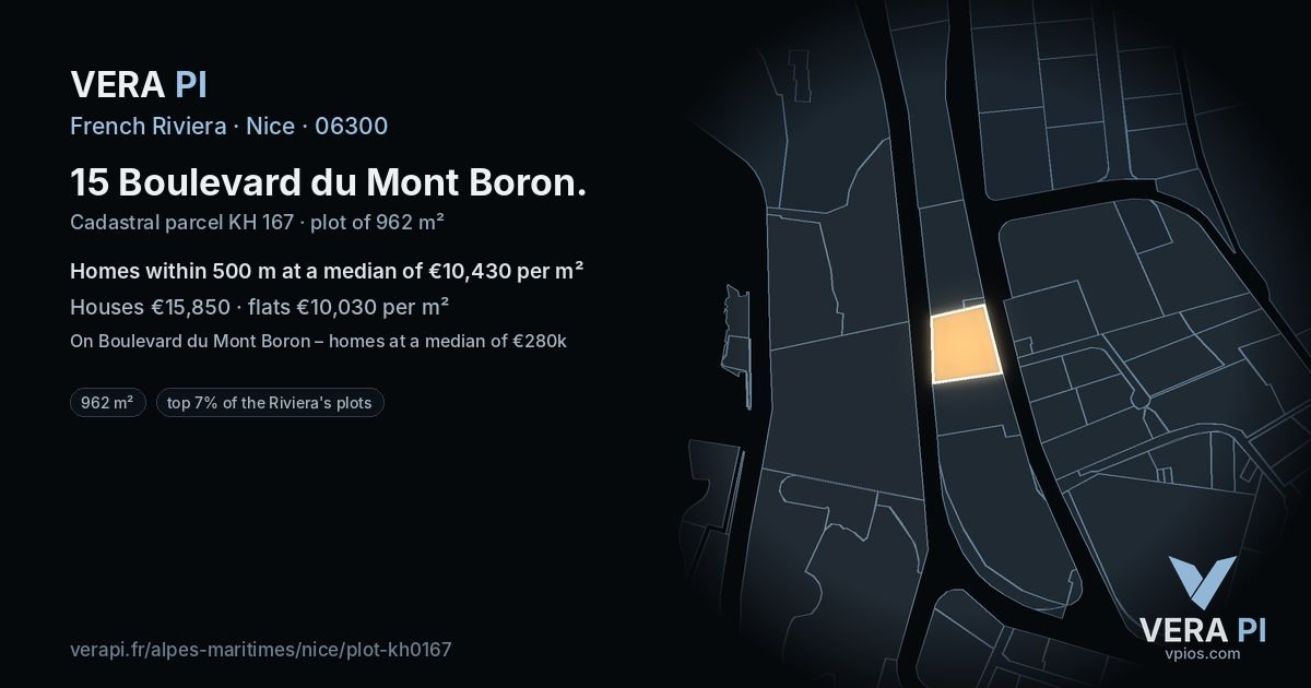15 Boulevard du Mont Boron, Nice at night – the plot lit, the parcels around coloured by the prices near them