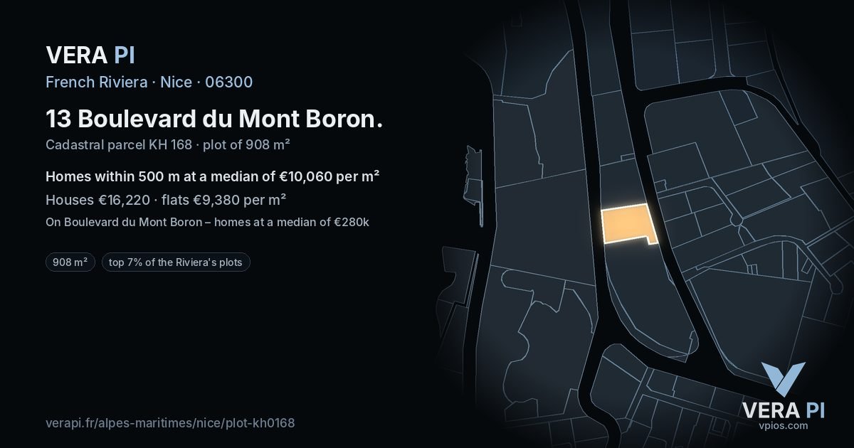 13 Boulevard du Mont Boron, Nice at night – the plot lit, the parcels around coloured by the prices near them