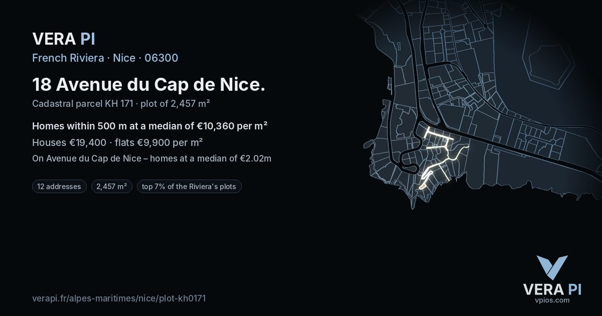 18 Avenue du Cap de Nice, Nice at night – the plot lit, the parcels around coloured by the prices near them