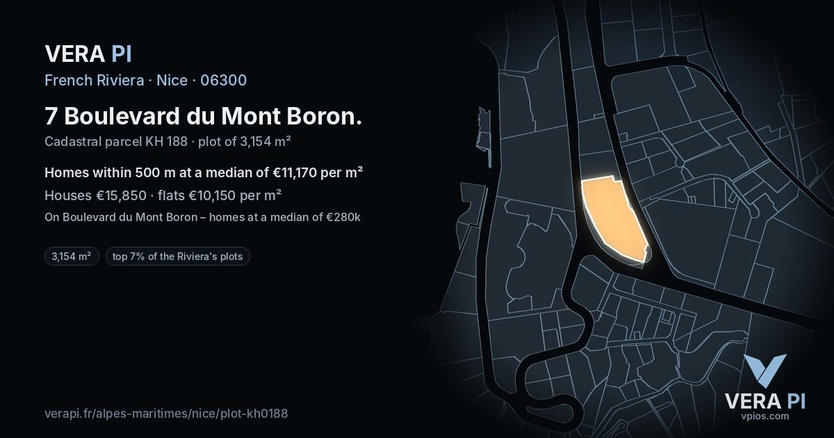 7 Boulevard du Mont Boron, Nice at night – the plot lit, the parcels around coloured by the prices near them
