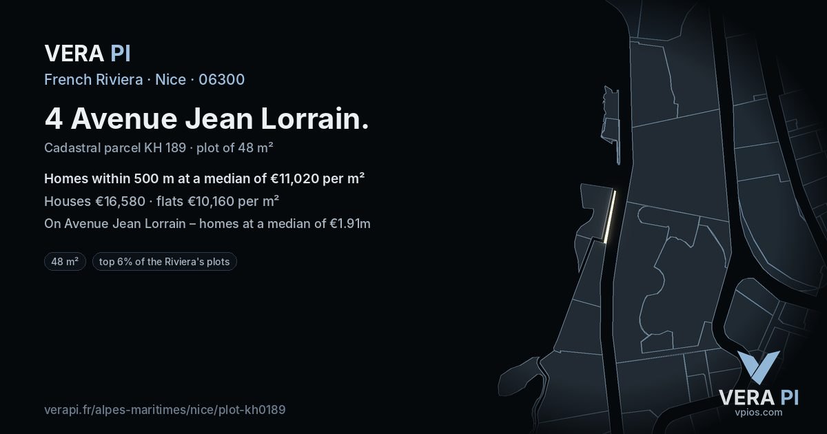 4 Avenue Jean Lorrain, Nice at night – the plot lit, the parcels around coloured by the prices near them