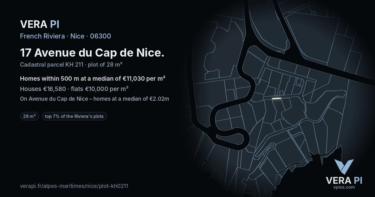 17 Avenue du Cap de Nice, Nice at night – the plot lit, the parcels around coloured by the prices near them
