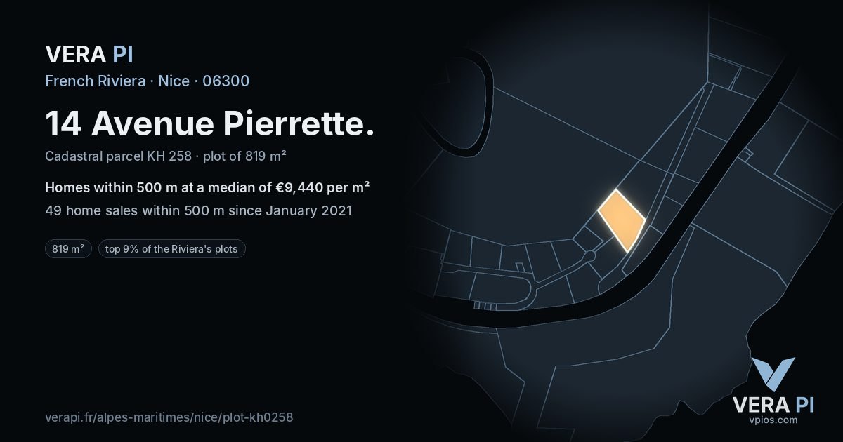 14 Avenue Pierrette, Nice at night – the plot lit, the parcels around coloured by the prices near them