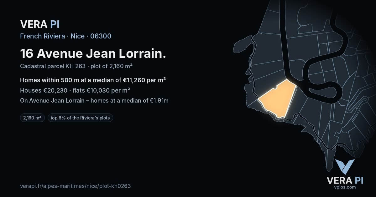 16 Avenue Jean Lorrain, Nice at night – the plot lit, the parcels around coloured by the prices near them
