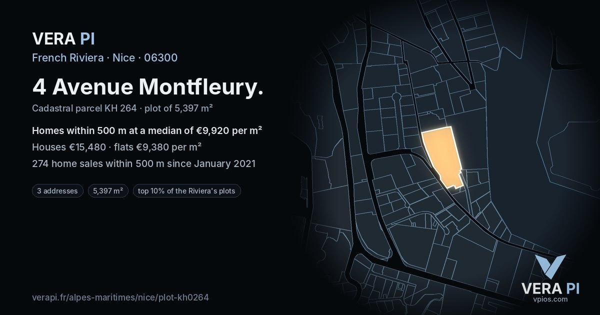 4 Avenue Montfleury, Nice at night – the plot lit, the parcels around coloured by the prices near them