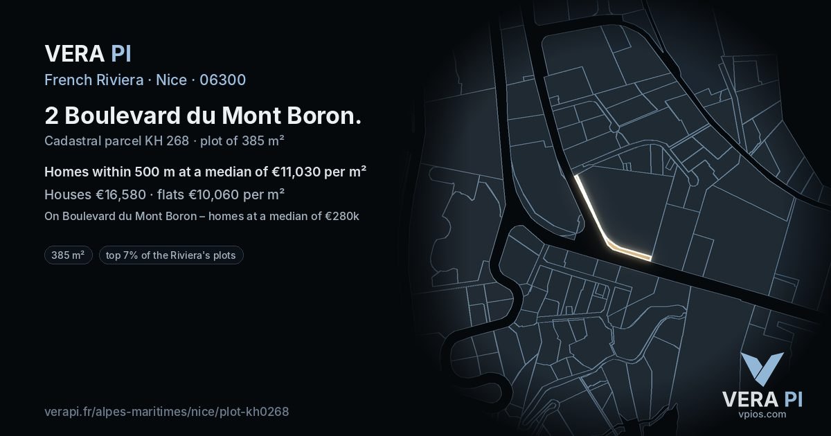 2 Boulevard du Mont Boron, Nice at night – the plot lit, the parcels around coloured by the prices near them