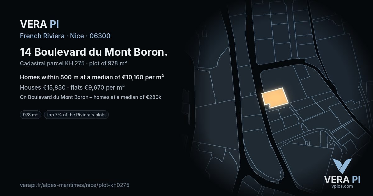 14 Boulevard du Mont Boron, Nice at night – the plot lit, the parcels around coloured by the prices near them