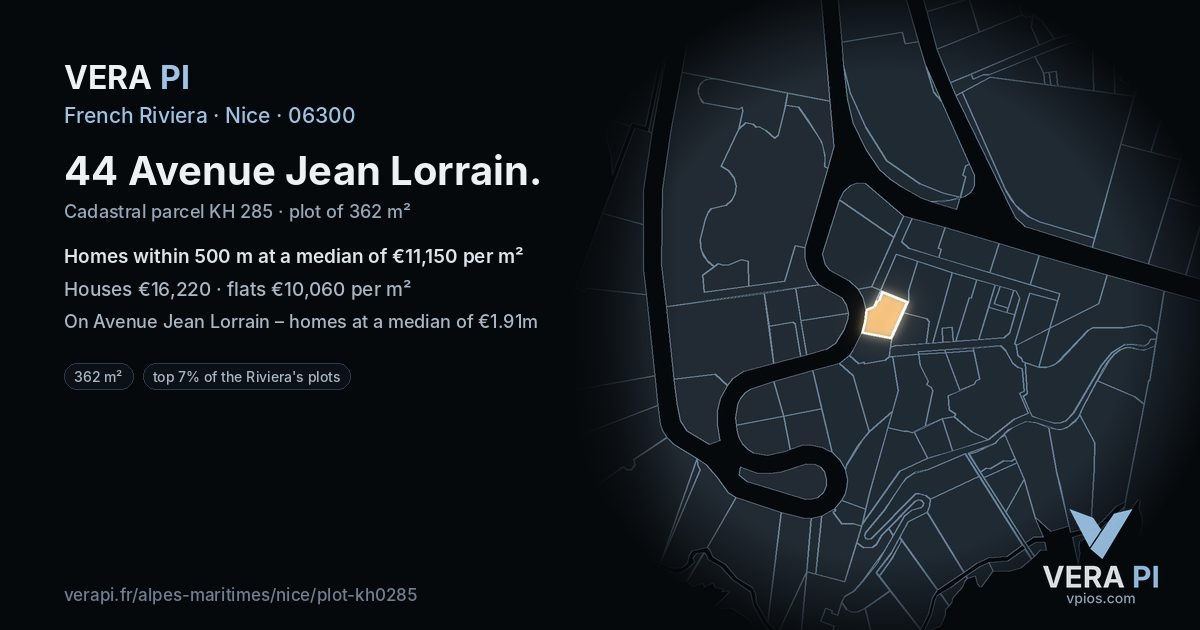 44 Avenue Jean Lorrain, Nice at night – the plot lit, the parcels around coloured by the prices near them