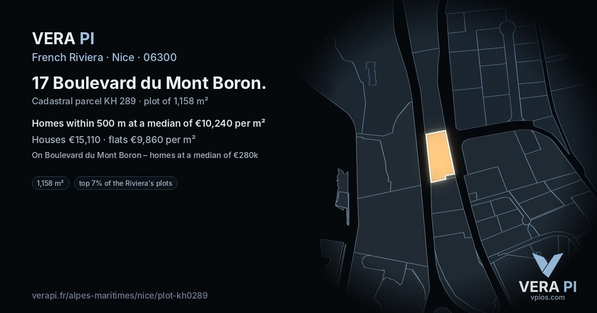 17 Boulevard du Mont Boron, Nice at night – the plot lit, the parcels around coloured by the prices near them
