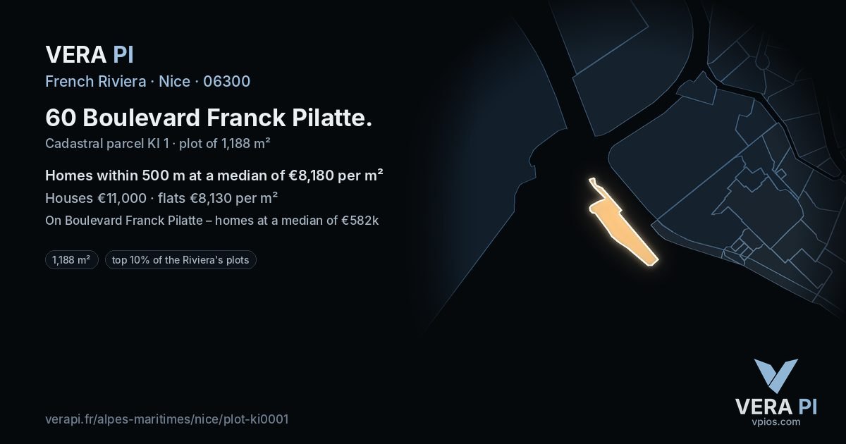 60 Boulevard Franck Pilatte, Nice at night – the plot lit, the parcels around coloured by the prices near them