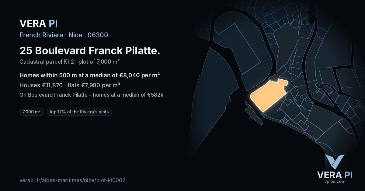 25 Boulevard Franck Pilatte, Nice at night – the plot lit, the parcels around coloured by the prices near them