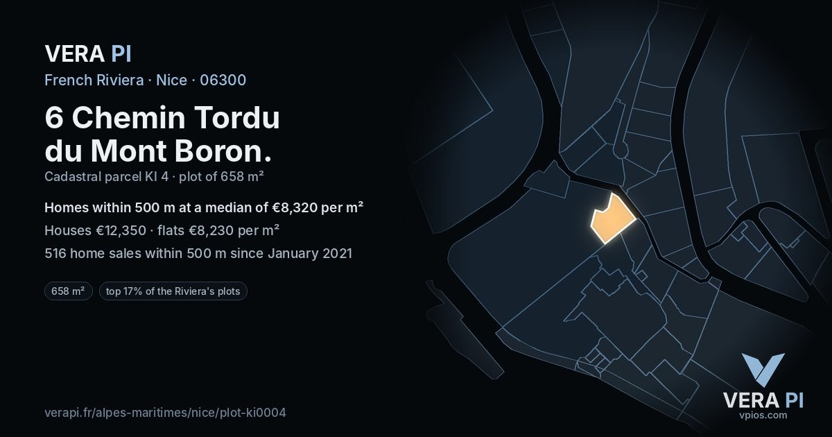 6 Chemin Tordu du Mont Boron, Nice at night – the plot lit, the parcels around coloured by the prices near them