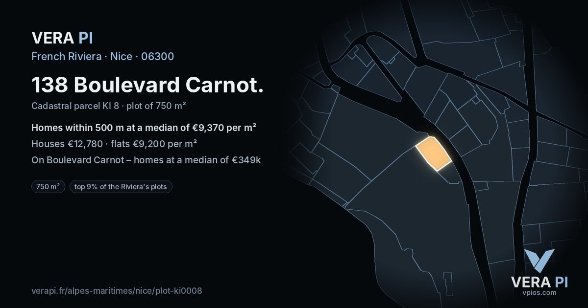 138 Boulevard Carnot, Nice at night – the plot lit, the parcels around coloured by the prices near them