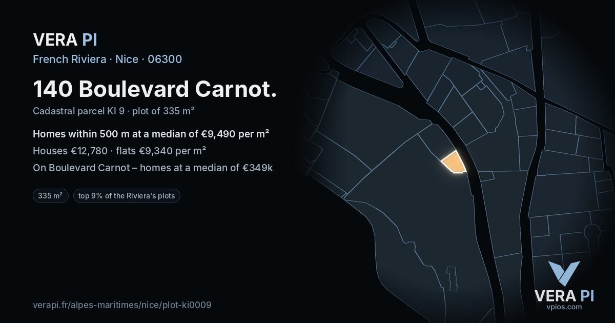 140 Boulevard Carnot, Nice at night – the plot lit, the parcels around coloured by the prices near them