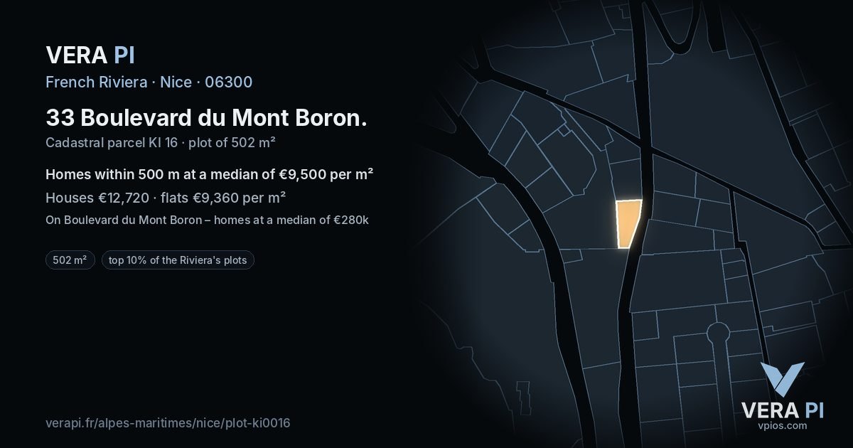 33 Boulevard du Mont Boron, Nice at night – the plot lit, the parcels around coloured by the prices near them
