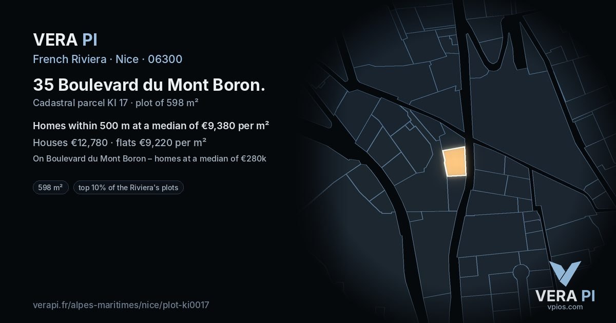 35 Boulevard du Mont Boron, Nice at night – the plot lit, the parcels around coloured by the prices near them