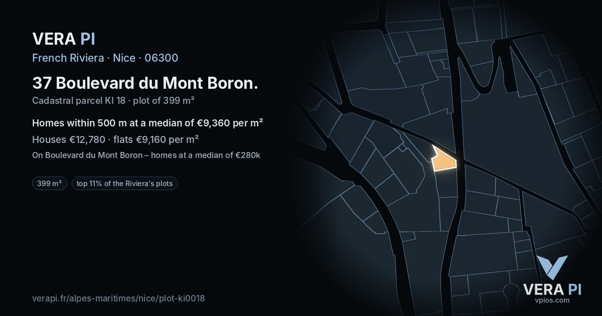 37 Boulevard du Mont Boron, Nice at night – the plot lit, the parcels around coloured by the prices near them