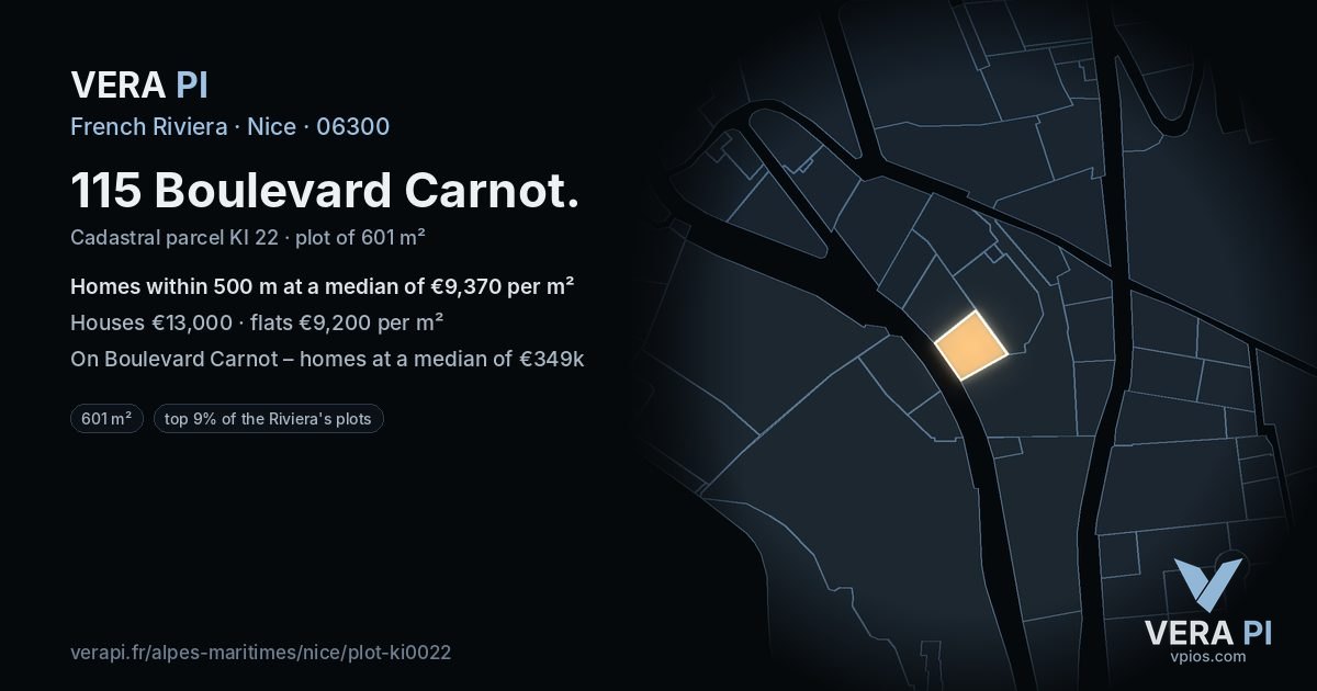 115 Boulevard Carnot, Nice at night – the plot lit, the parcels around coloured by the prices near them