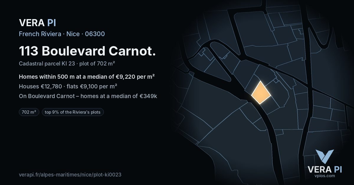 113 Boulevard Carnot, Nice at night – the plot lit, the parcels around coloured by the prices near them