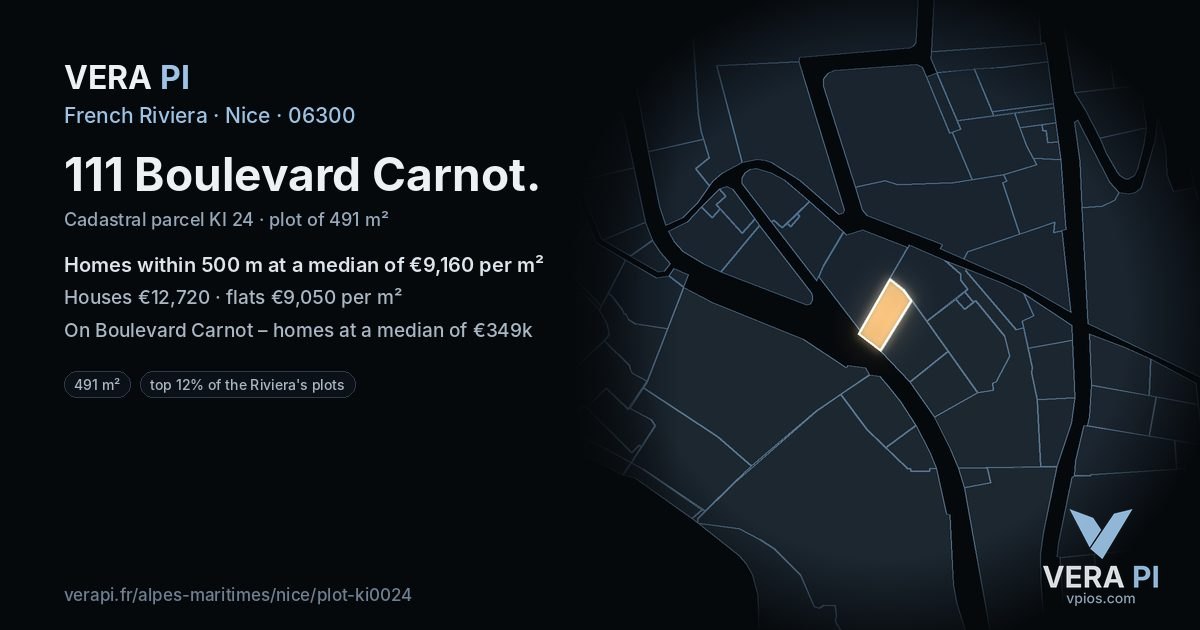 111 Boulevard Carnot, Nice at night – the plot lit, the parcels around coloured by the prices near them
