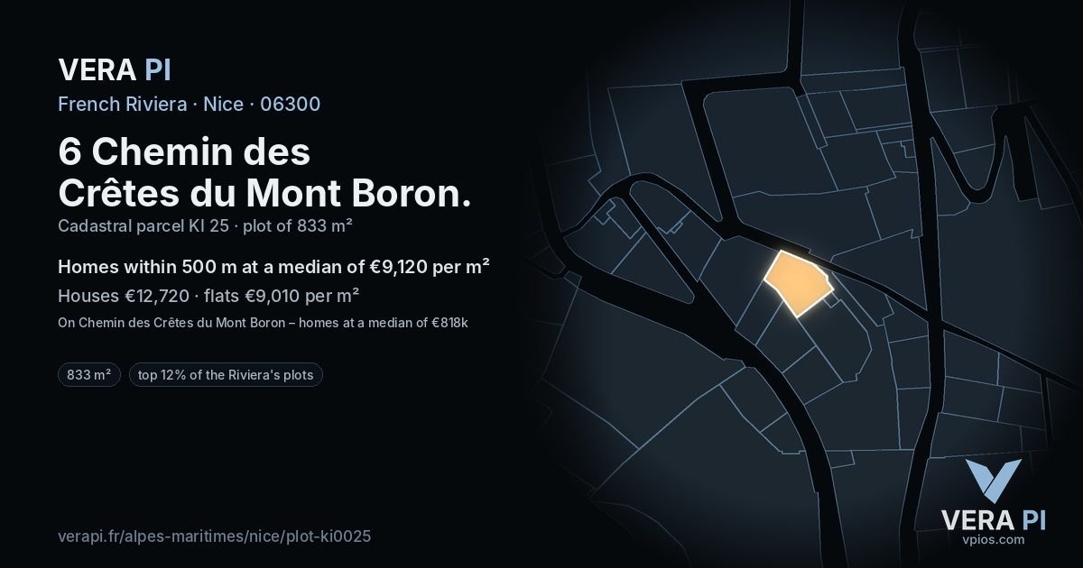 6 Chemin des Crêtes du Mont Boron, Nice at night – the plot lit, the parcels around coloured by the prices near them