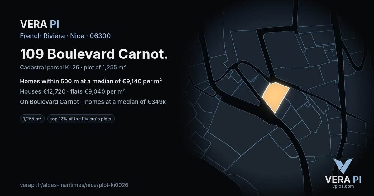 109 Boulevard Carnot, Nice at night – the plot lit, the parcels around coloured by the prices near them