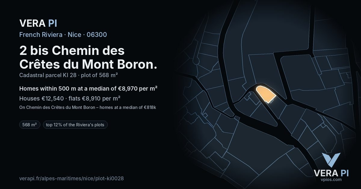 2 bis Chemin des Crêtes du Mont Boron, Nice at night – the plot lit, the parcels around coloured by the prices near them