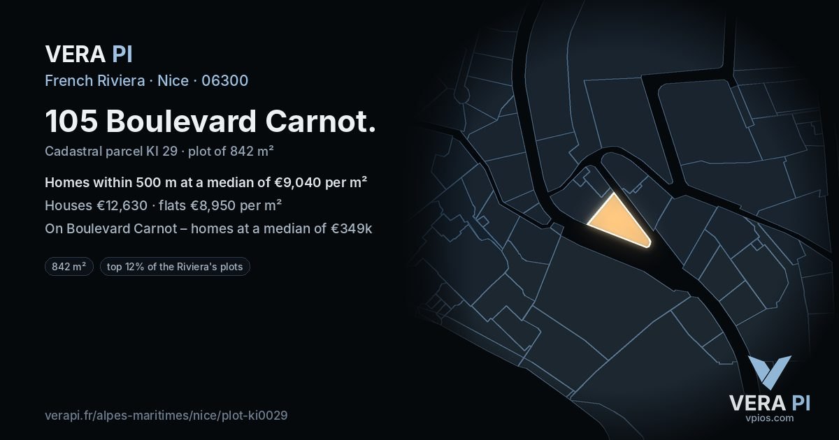 105 Boulevard Carnot, Nice at night – the plot lit, the parcels around coloured by the prices near them
