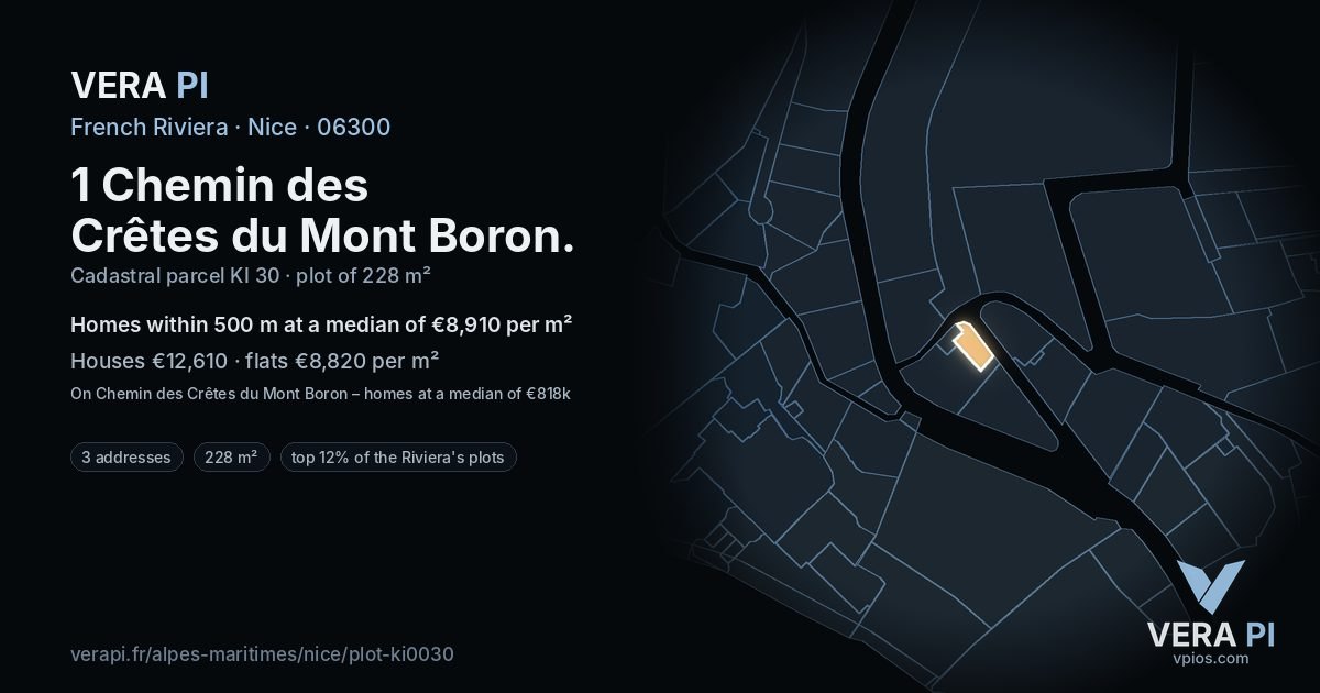 1 Chemin des Crêtes du Mont Boron, Nice at night – the plot lit, the parcels around coloured by the prices near them