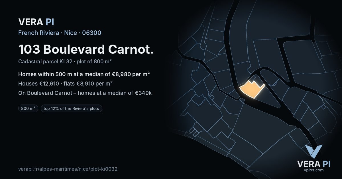 103 Boulevard Carnot, Nice at night – the plot lit, the parcels around coloured by the prices near them