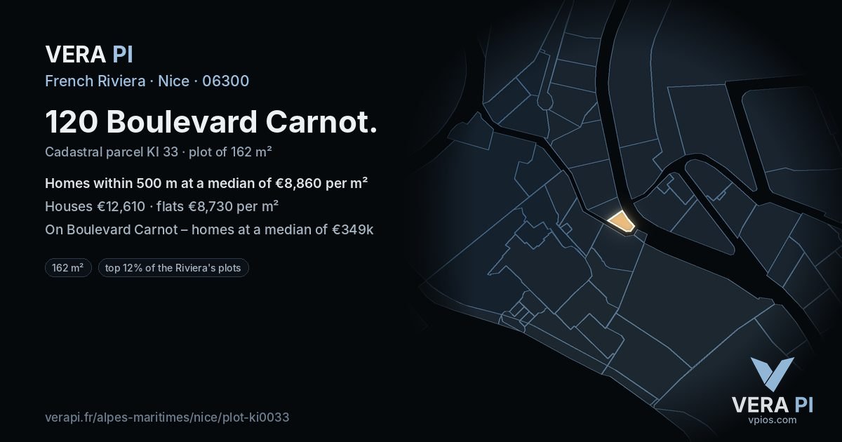 120 Boulevard Carnot, Nice at night – the plot lit, the parcels around coloured by the prices near them