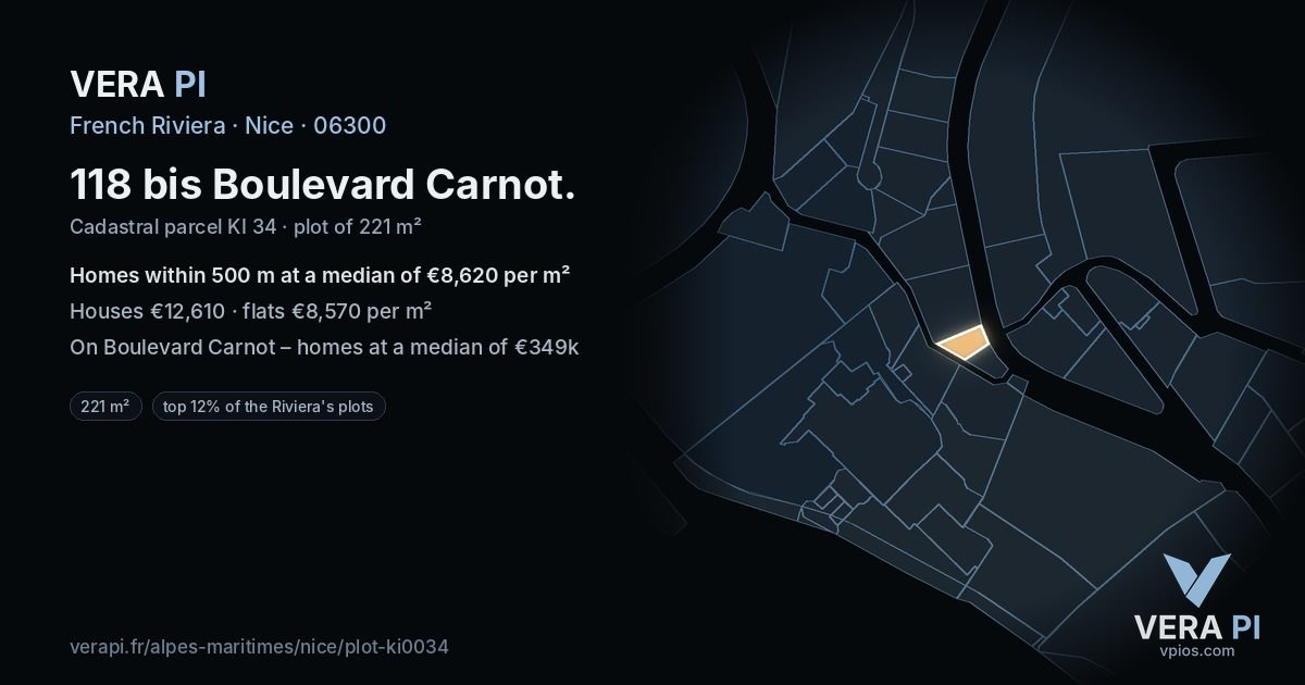 118 bis Boulevard Carnot, Nice at night – the plot lit, the parcels around coloured by the prices near them